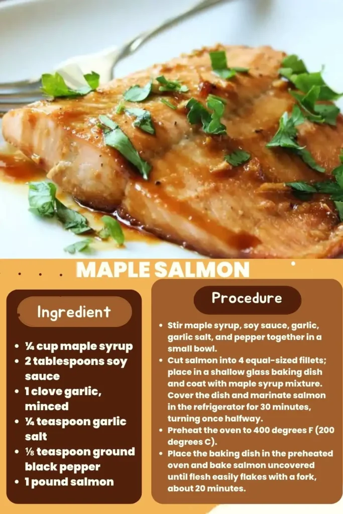This dish features succulent salmon fillets coated with a delectable maple syrup glaze, creating the perfect balance of sweet and savory.