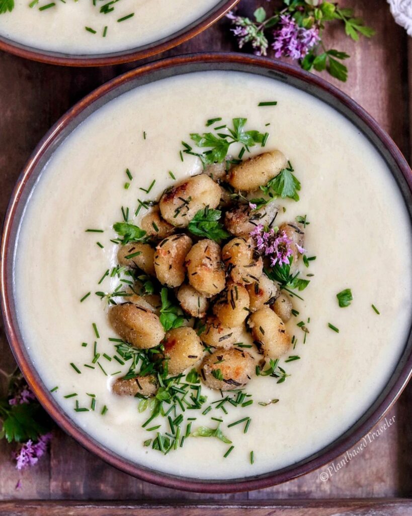 Cauliflower and Potato Soup with Crispy Herby Gnocchi