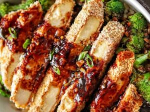 Baked Panko-Crusted Tofu with Spicy Scallion and Garlic Sauce