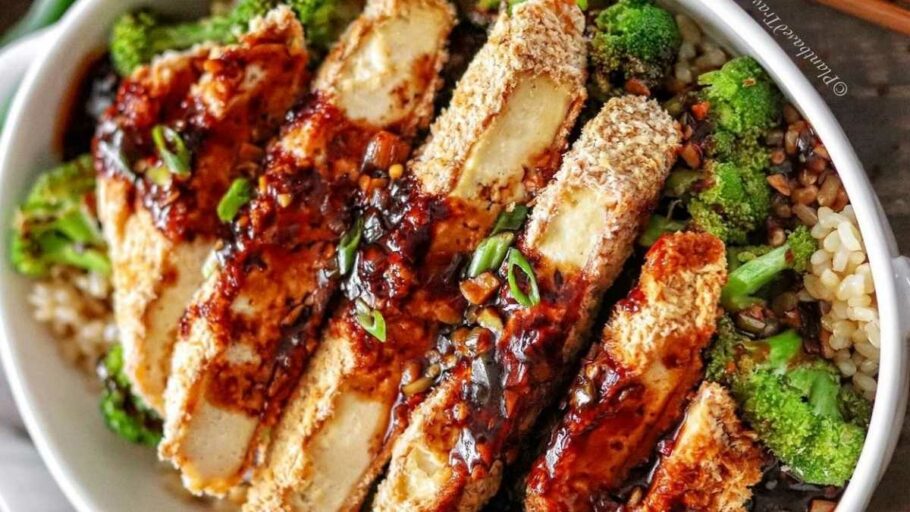 Baked Panko-Crusted Tofu with Spicy Scallion and Garlic Sauce