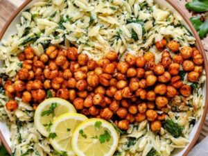 Herby Spinach Feta Orzo with Crispy Harissa Chickpeas