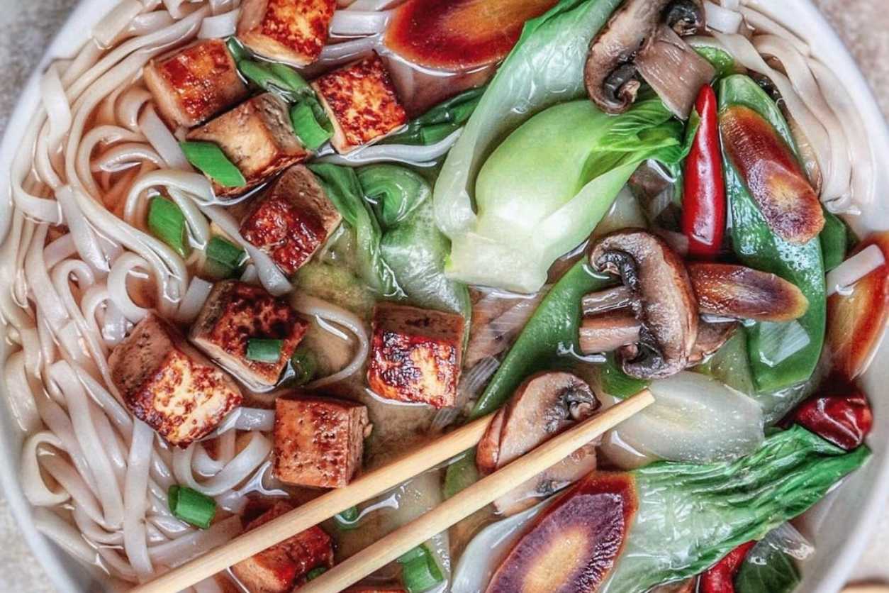 Miso Soup with Rice Noodles, Veggies and Glazed Tofu