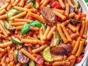 Red Lentil Pasta with Cheesy Sweet Chili Tomato Sauce
