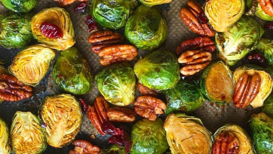 Delicious Roasted Balsamic, Chilli & Maple Brussels Sprouts with pecans & dried cranberries