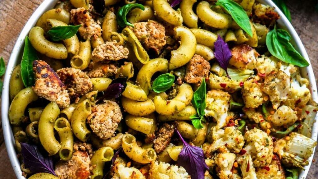 Macadamia Pesto Pasta With Saucy Tofu And Crispy Cauliflower