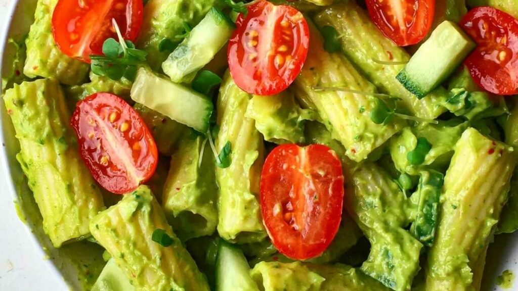 Refreshing Pasta Salad with a creamy avocado pesto!