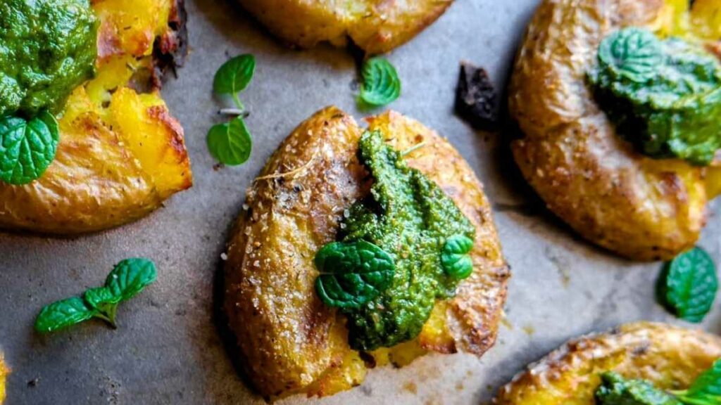 Smashed Potatoes With Vegan Pistachio Thai Basil Pesto
