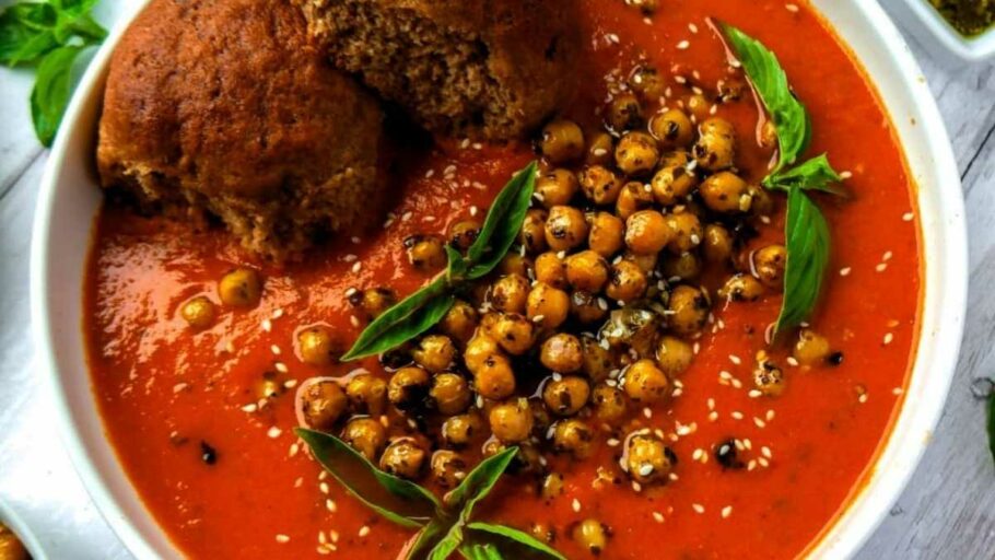 Vegan Creamy Roasted Tomato And Red Bell Pepper Soup With Crispy Basil Pesto Chickpeas
