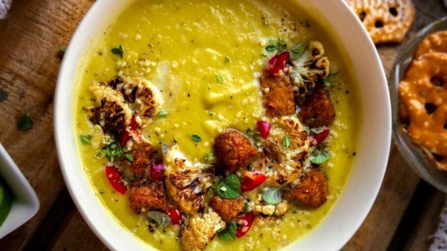 Vegan Potato, Leek And Celeriac Soup With Chipotle Tempeh 'Crotons'