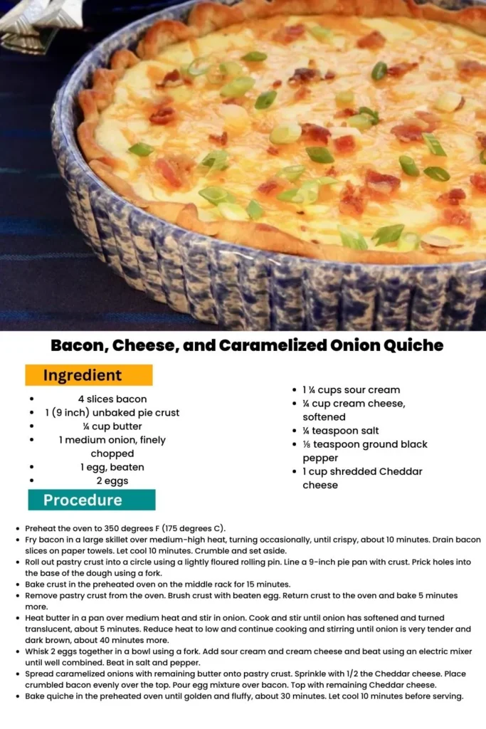ingredients and instructions to make Cheddar, Bacon, and Caramelized Onion Quiche

