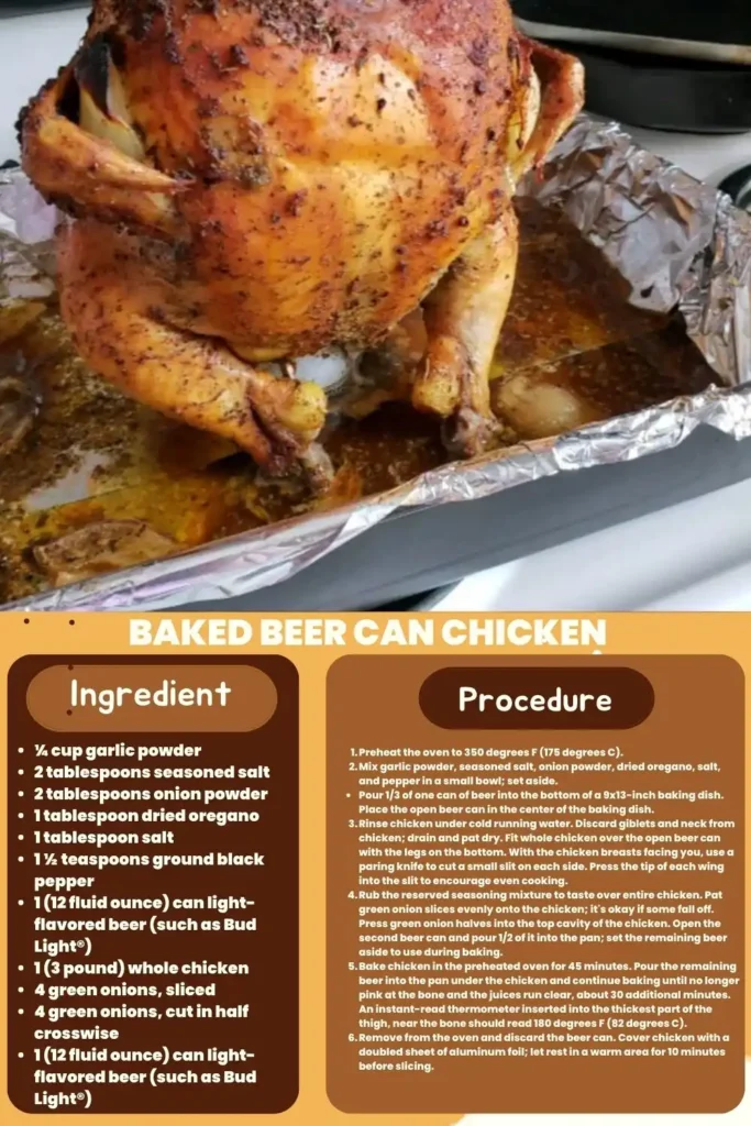 ingredients and instructions to make Oven Roasted Beer Can Chicken