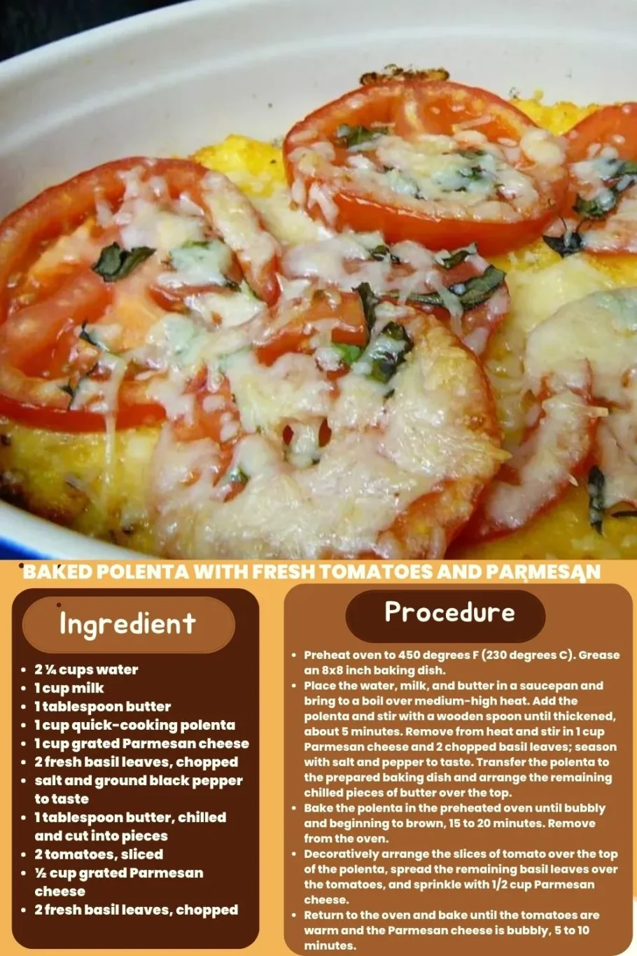 ingredients and instructions to make Cheesy Baked Polenta in Tomato Sauce