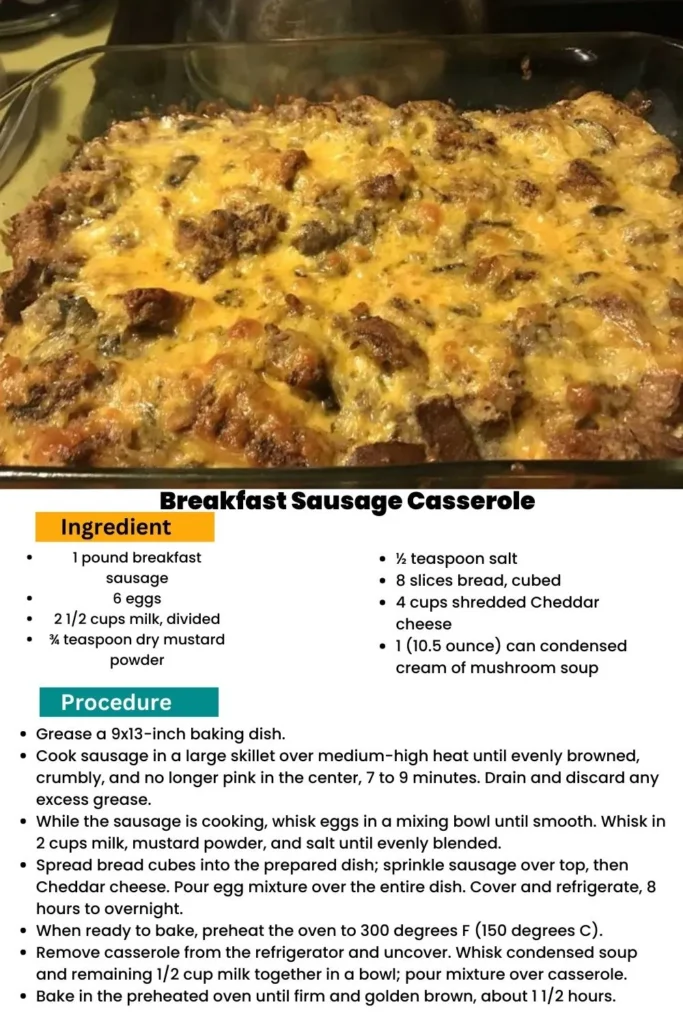 ingredients and instructions to make Cheesy Breakfast Sausage Casserole