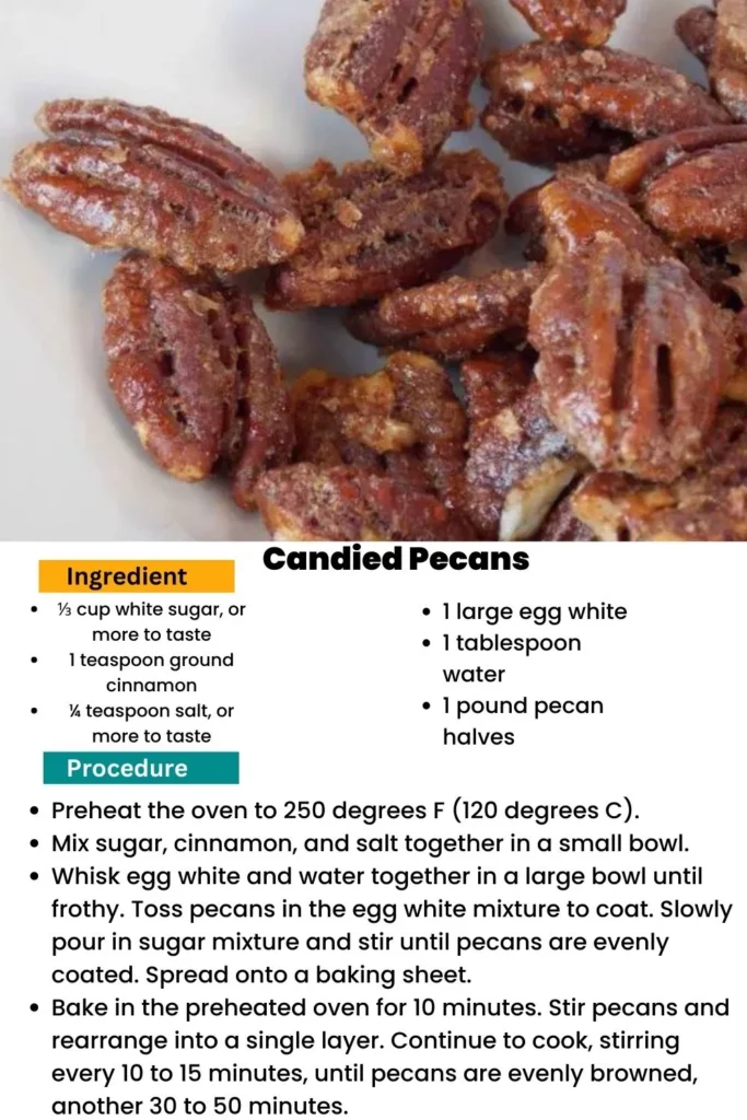 ingredients and instructions to make Candied Cinnamon Pecans