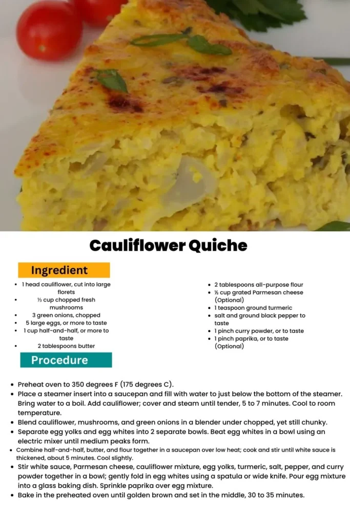 ingredients and instructions to make Cauliflower cheese quiche