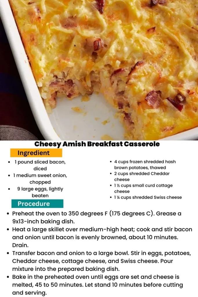 ingredients and instructions to make Amish Breakfast Casserole with bacon