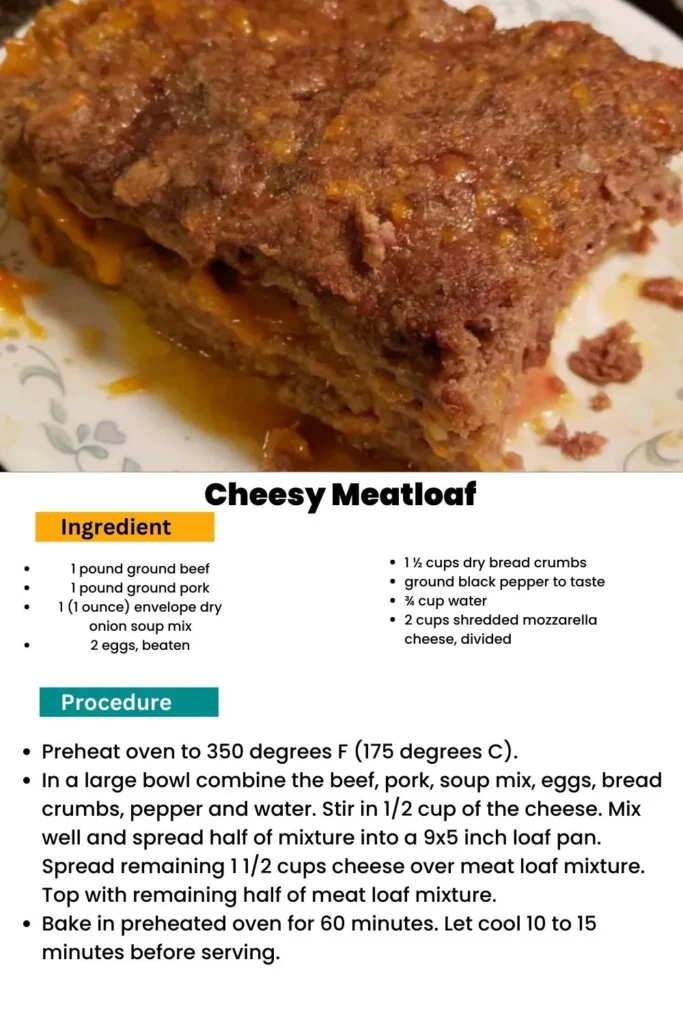 ingredients and instructions to make Cheese Stuffed Meatloaf