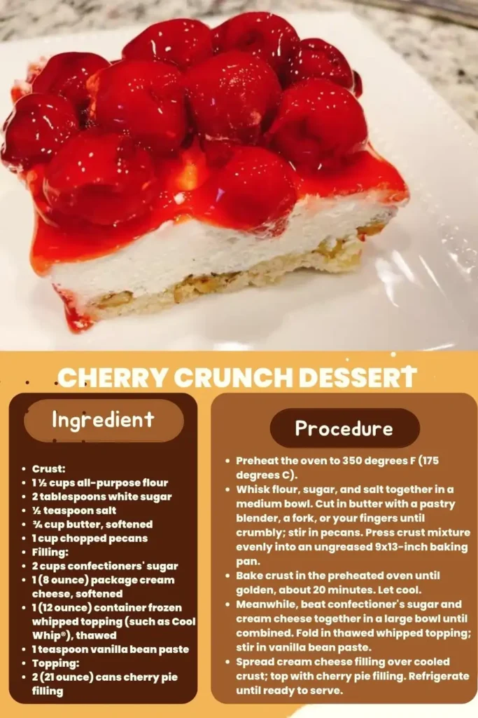 ingredients and instructions of the Cherry Crunch Dessert
