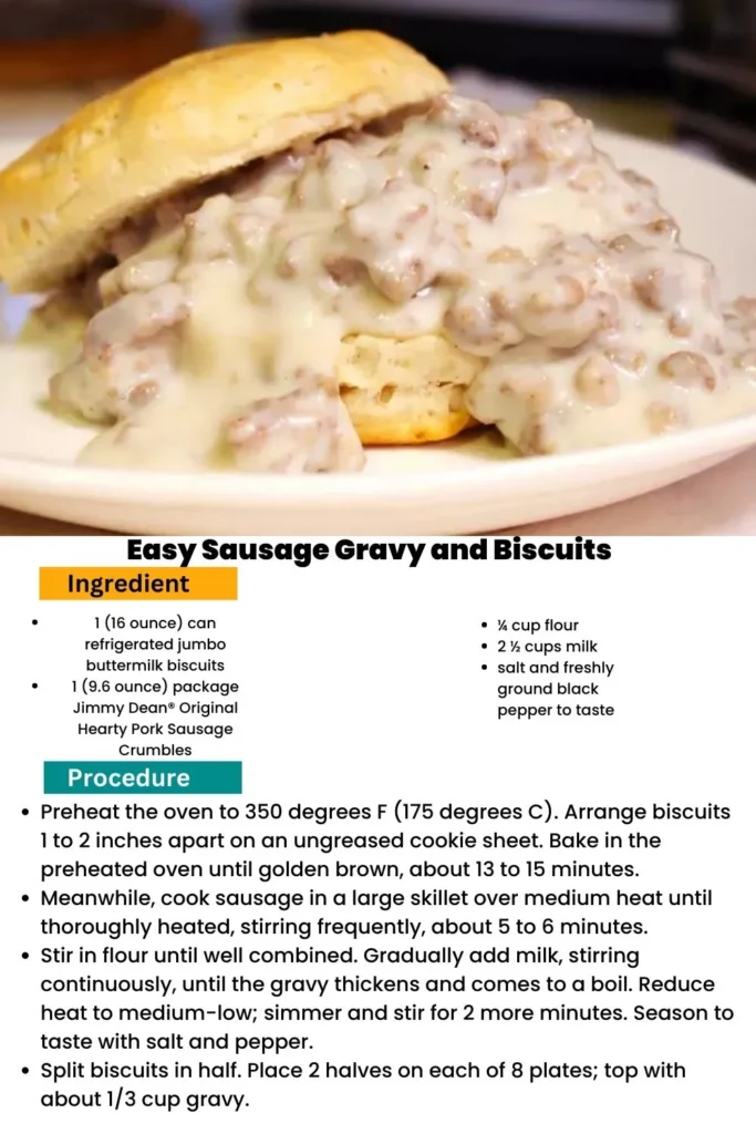 ingredients and instructions to make Unbeatable Sausage Gravy and Biscuits