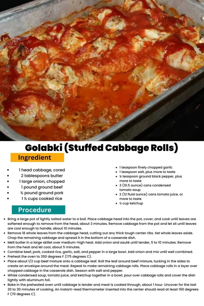 ingredients and instructions to make Grandma's Golumpki - Stuffed Polish Cabbage (Gołąbki)