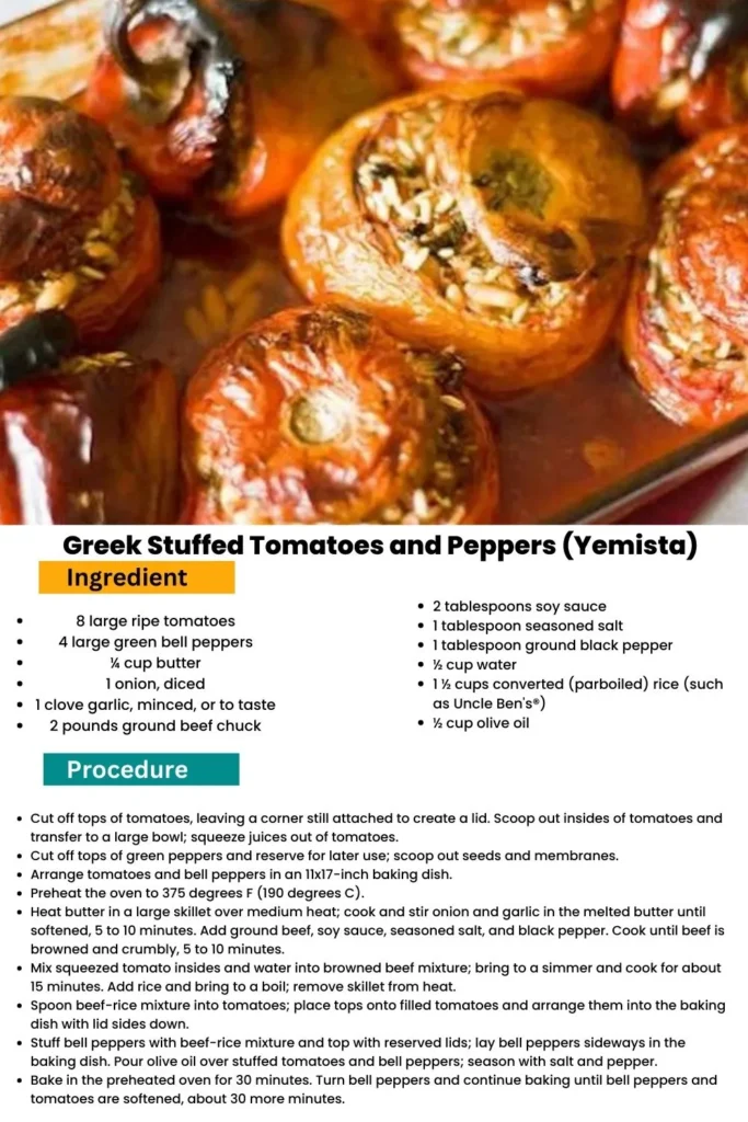 ingredients and instructions to make Yemista Greek stuffed peppers and tomatoes