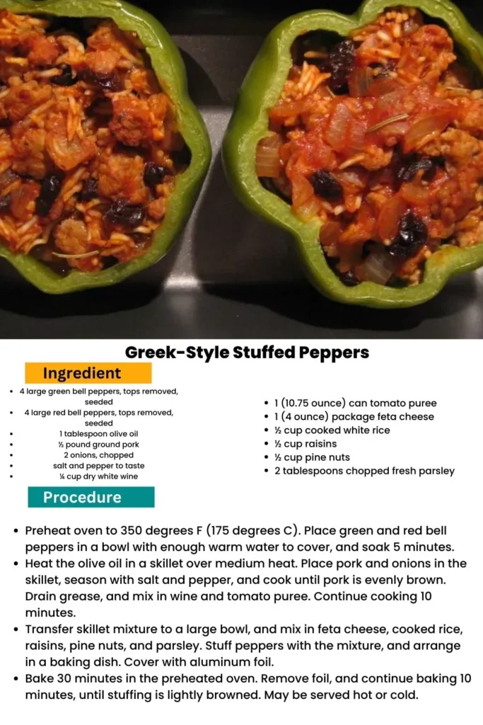 ingredients and instructions to make Greek Stuffed Peppers with Feta and Rice