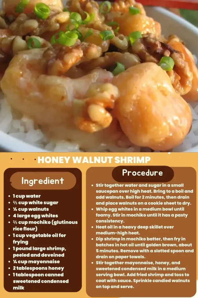 Sweet and Crunchy Walnut Shrimp is a delightful dish that combines succulent shrimp with a crispy coating of crushed walnuts. The shrimp are first coated in a light batter and then generously rolled in crushed walnuts before being fried to a golden perfection