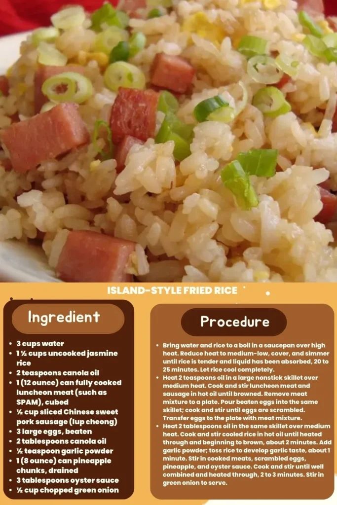 ingredients and instructions to make Island-Style Fried Jasmine Rice