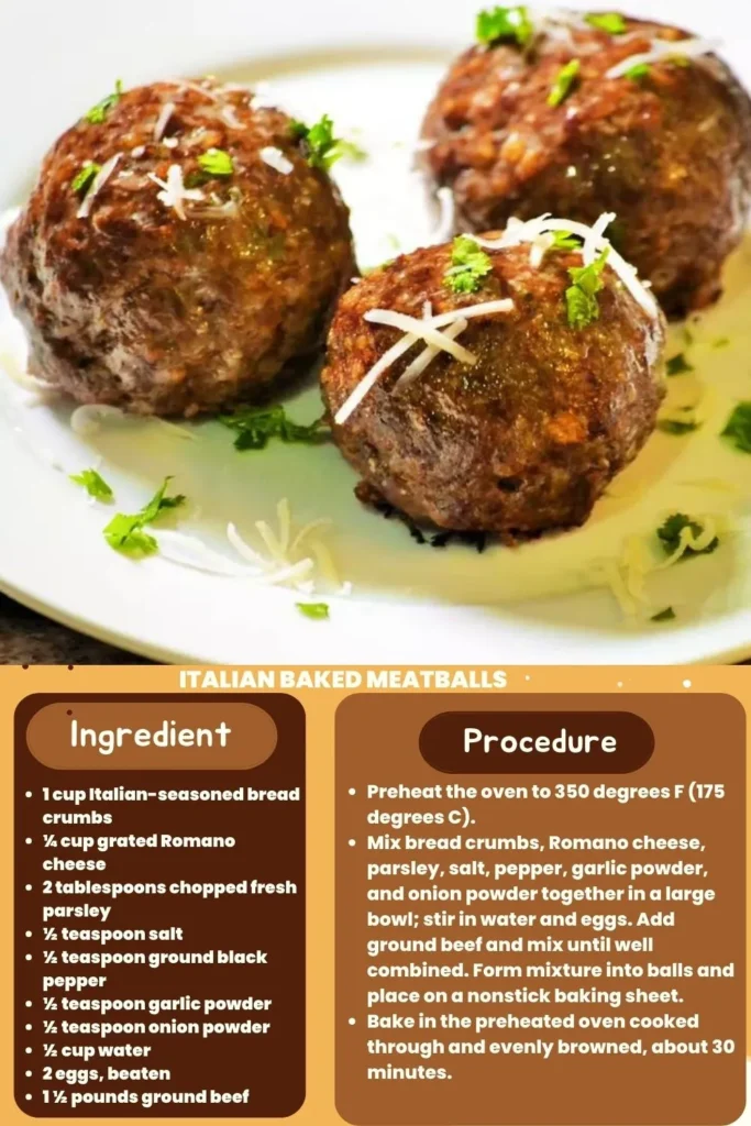 ingredients and instructions to make Italian Baked Meatballs with Garlic Powder