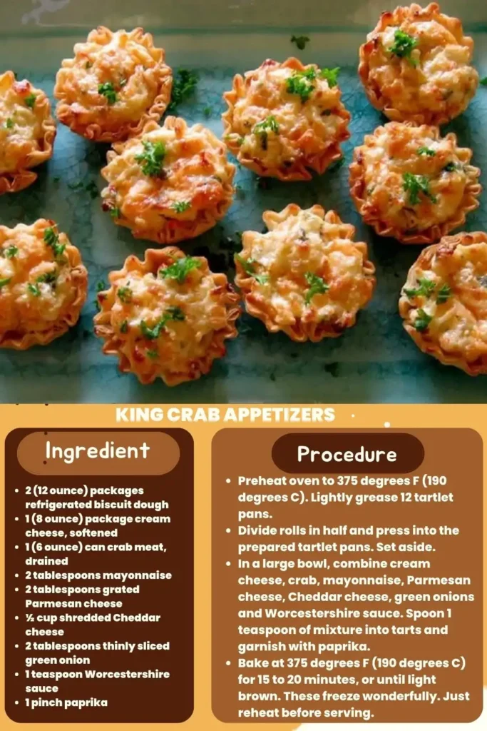 Ingredients and instructions to make the King Crab Appetizers with cream cheese recipe 
