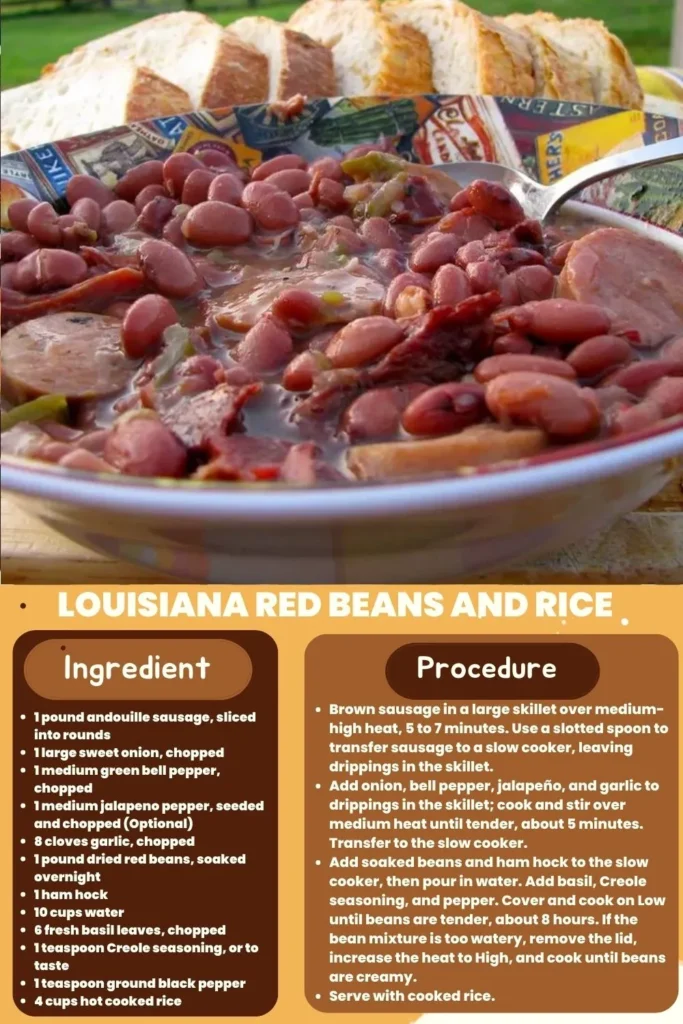 ingredients and instructions to make Authentic Louisiana Style Red Beans and Rice