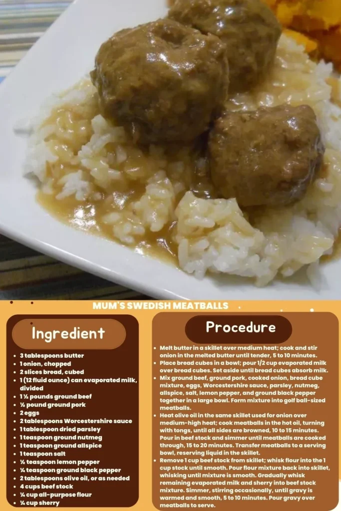 ingredients and instructions to make Mom's Swedish Meatballs