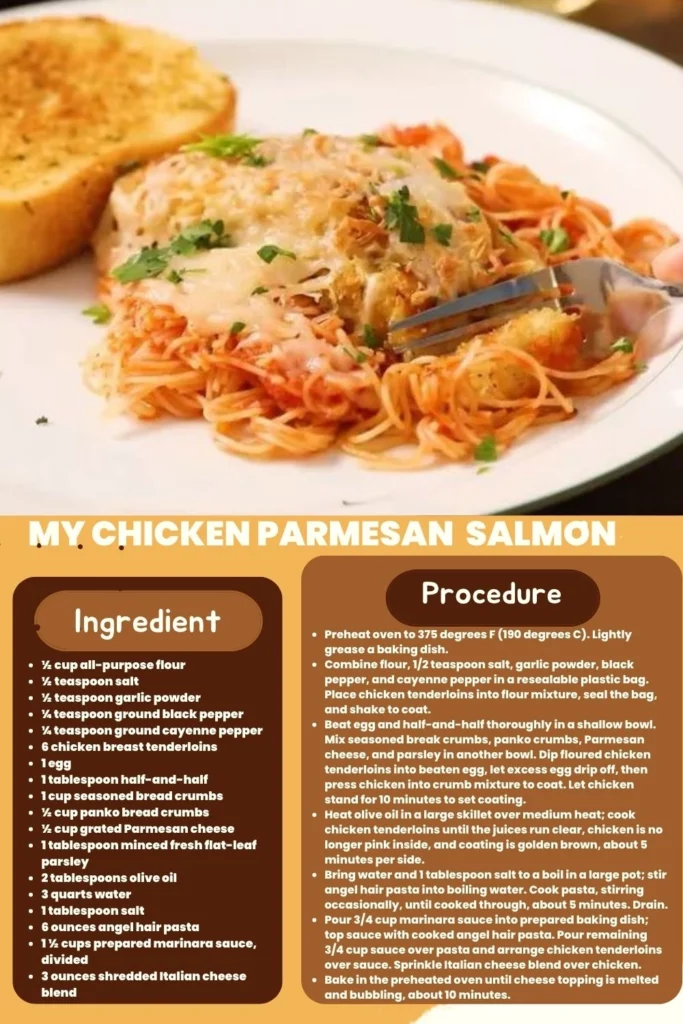 Ingredients and instructions to make the crispy chicken parmesan recipe