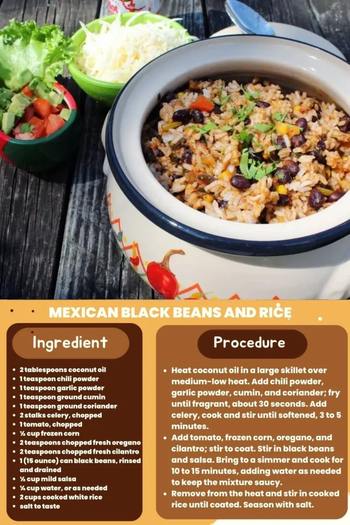ingredients and instructions to make Mexican Rice and Black Beans