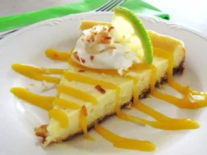 This heavenly dessert combines creamy cheesecake infused with zesty lime and topped with juicy mango slices, creating a burst of flavors that will transport you to a sunny paradise.