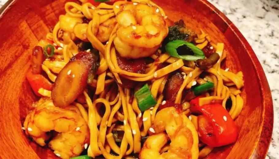 "Indulge in the irresistible flavors of Teriyaki Shrimp with Noodles, a delectable Asian-inspired dish that combines succulent shrimp and tender noodles in a mouthwatering teriyaki sauce.