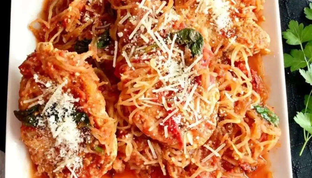 Tender spaghetti squash strands are filled with savory shredded chicken, tangy marinara sauce, and melted mozzarella cheese, creating a flavorful and satisfying meal.