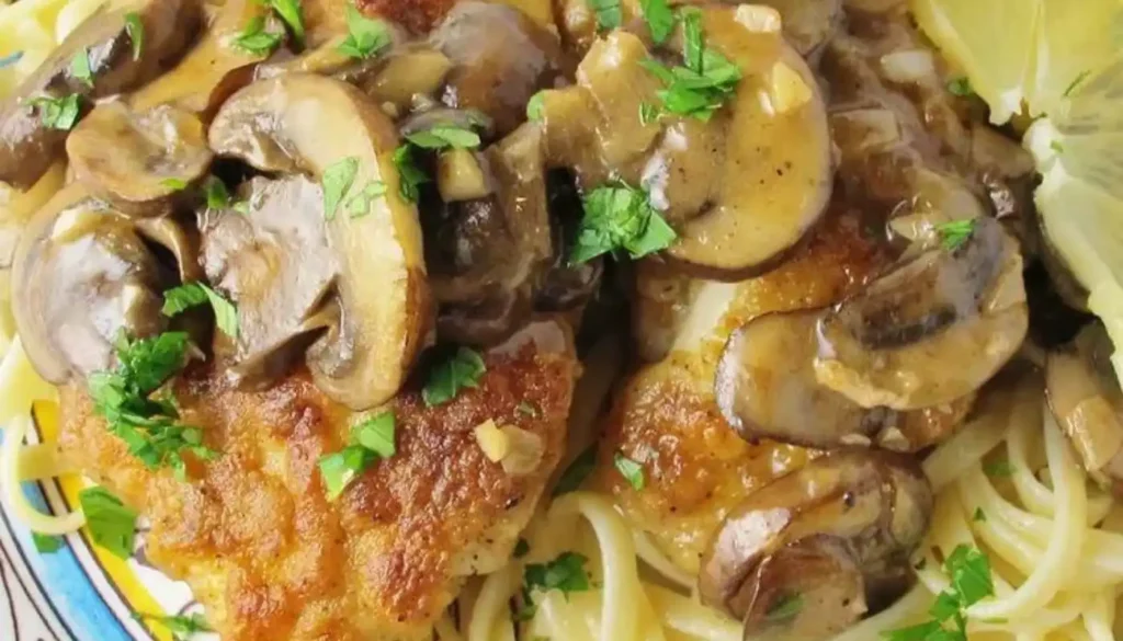 Savor tender, succulent chicken breasts coated in a golden crust, complemented by a rich and tangy sauce infused with an abundance of earthy mushrooms.