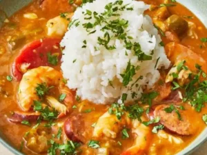 This soul-warming dish combines succulent shrimp, tender chicken, and smoky sausage with a rich blend of spices and a dark, roux-based sauce.