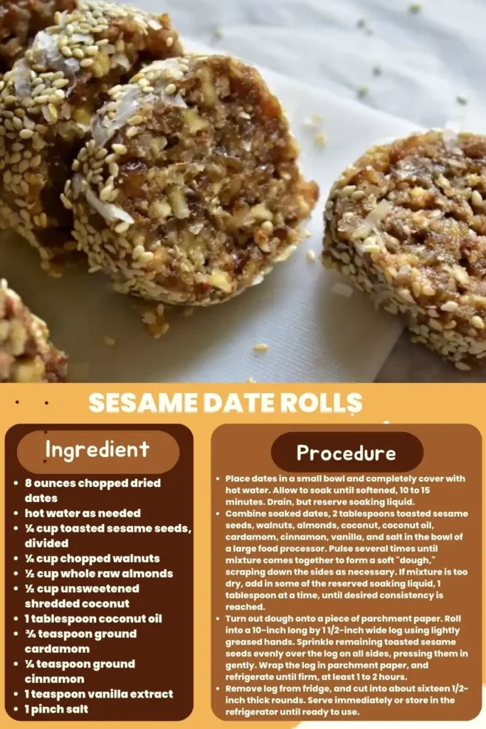 ingredients and instructions to make Coconut Date Rolls