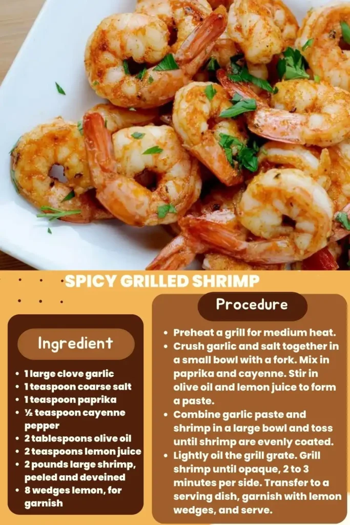 ingredients and instructions to make Spicy grilled shrimp and olive skewers