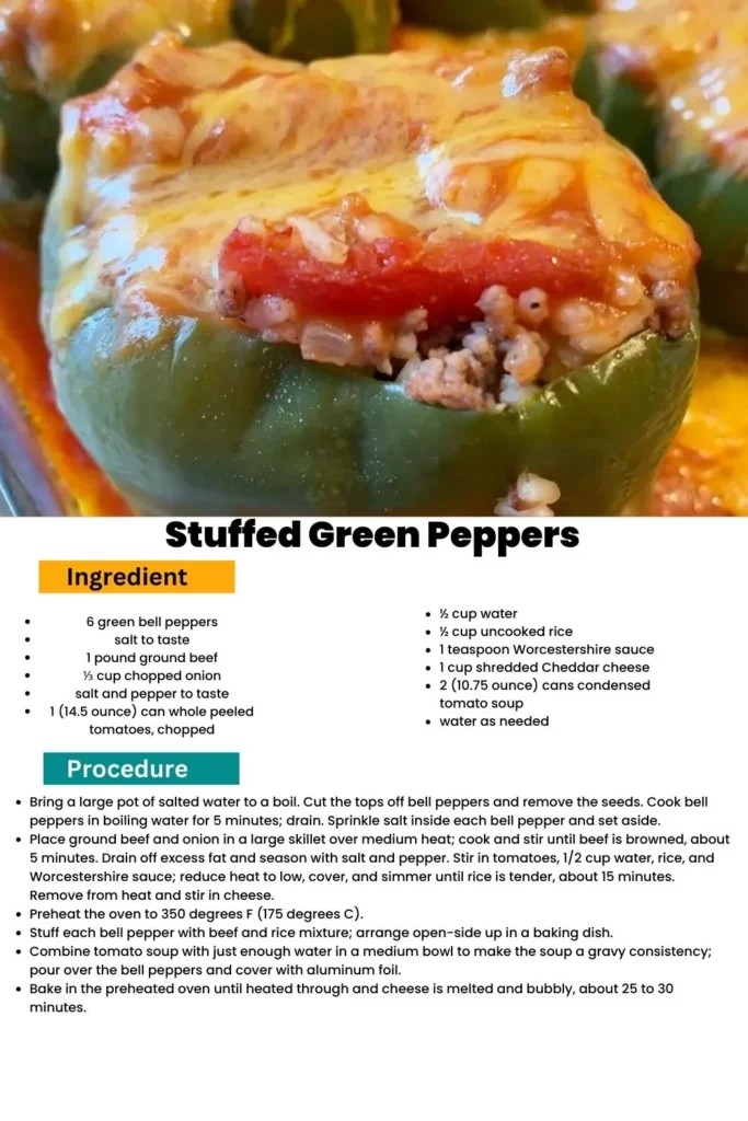 ingredients and instructions to make Old Fashioned Stuffed Green Peppers