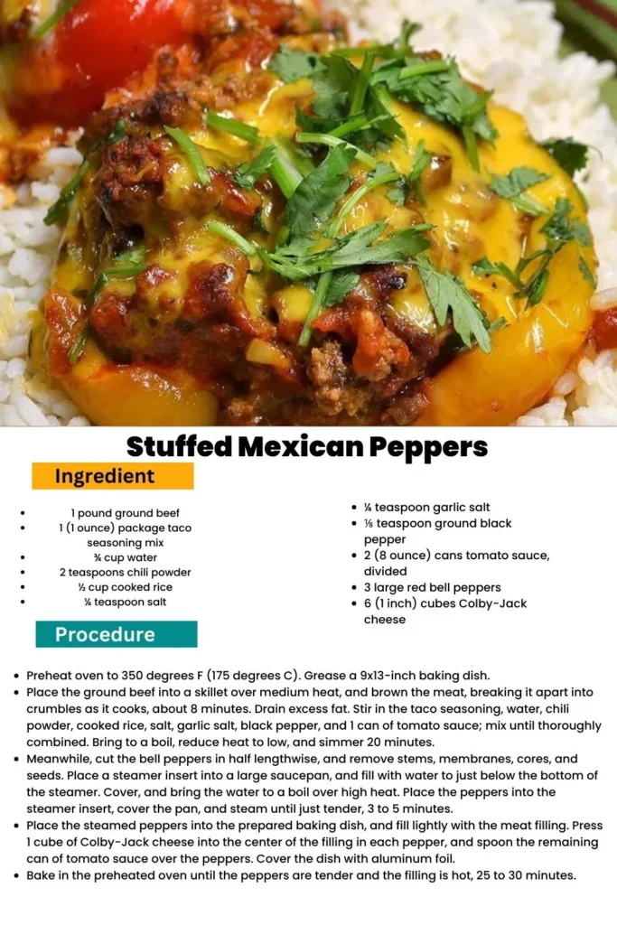 ingredients and instructions to make Mexican-style stuffed peppers