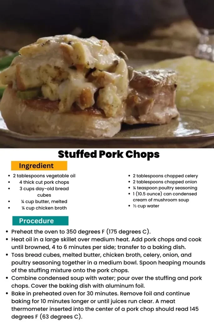 ingredients and instructions to make baked stuffed pork chops with cream of mushroom soup