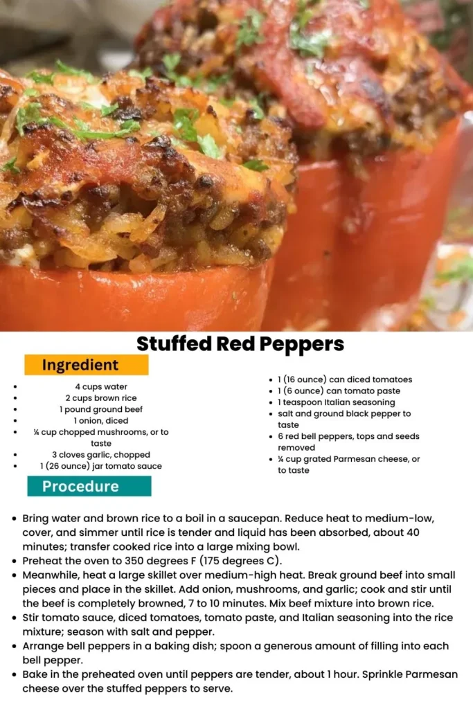 ingredients and instructions to make Classic Beef-Stuffed Red Peppers