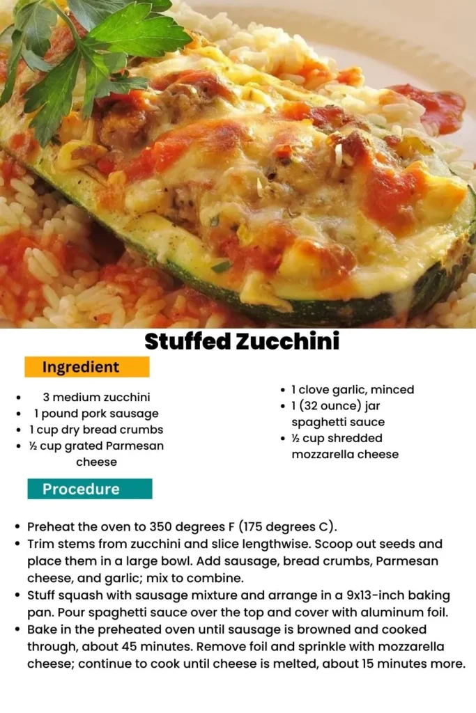 ingredients and instructions to make Stuffed Zucchini Boats