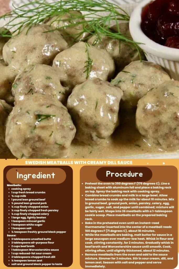 ingredients and instructions to make Swedish Dill Meatballs