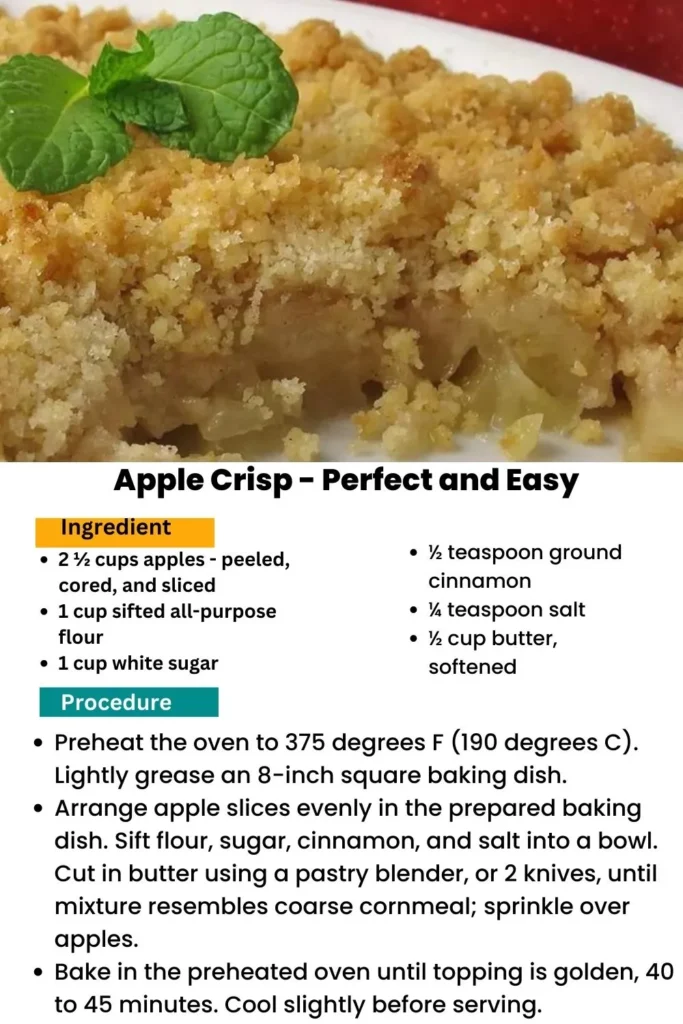 ingredients and instructions to make the Delicious Apple Crisp Recipe - Quick and Simple recipe 
