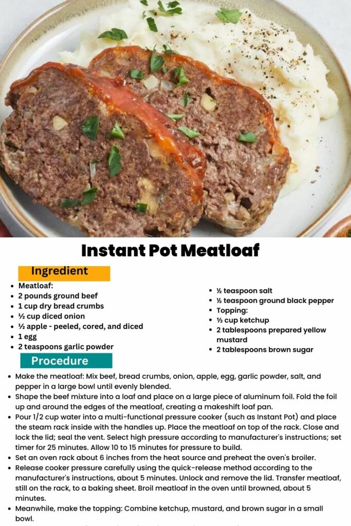 ingredients and instructions to make Quick and Easy Instant Pot Meatloaf Delight