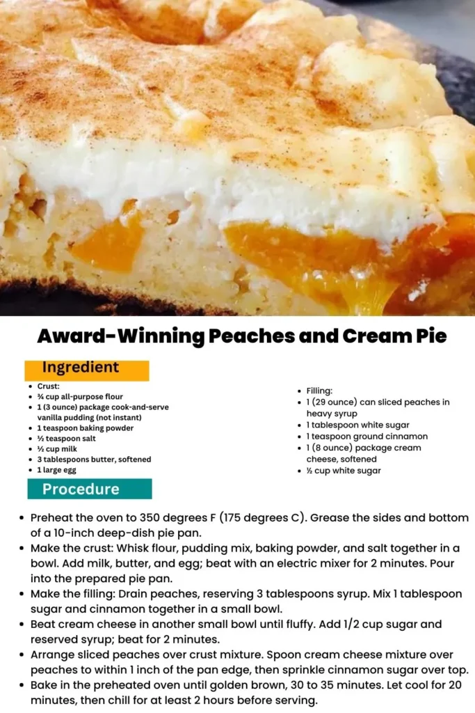 ingredients and instructions to make Delicious Peach and Vanilla Cream Pie
